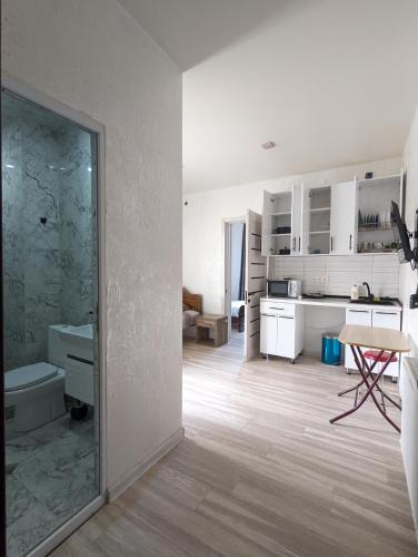 a room with a bathroom with a shower and a kitchen at Palm trees in Ureki