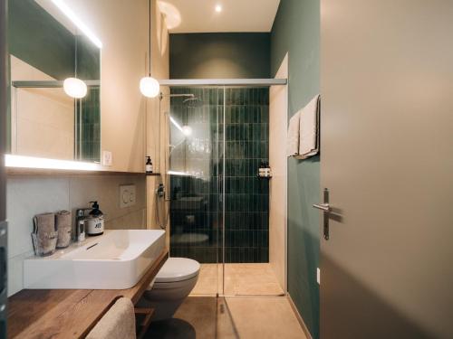 a bathroom with a toilet and a sink and a shower at KURVE Apartments & Lounge in Adelboden