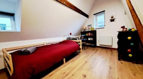 a bedroom with a red bed in a attic at Schlupfgass' - Centre historique in Wissembourg