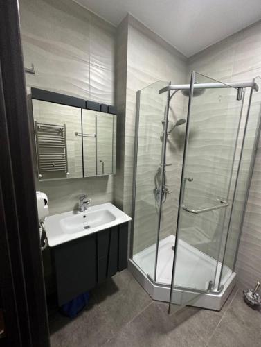 a bathroom with a shower and a sink at Pirosmani Mini Hotel in Batumi