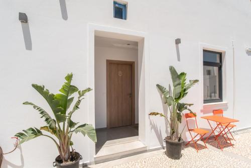 a hallway with two plants and a table and chairs at Olesia Rooms in Naousa in Naousa