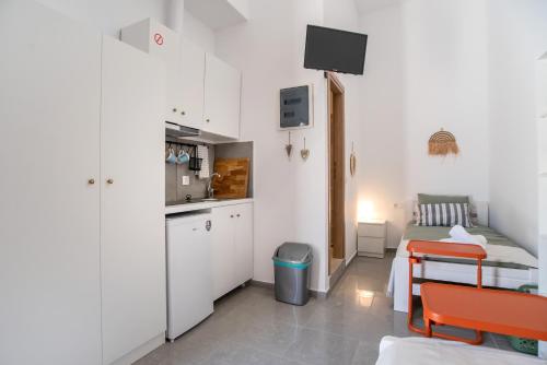a small room with a bed and a kitchen at Olesia Rooms in Naousa in Naousa