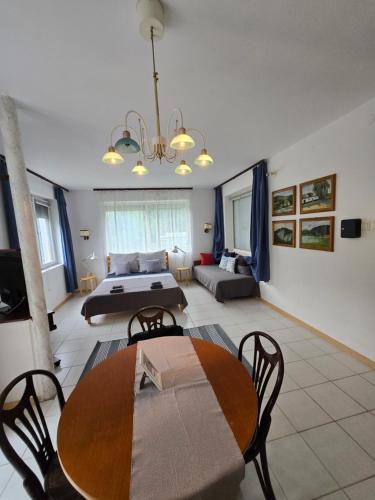 a living room with a bed and a table and chairs at Sára Vendégház in Szentes