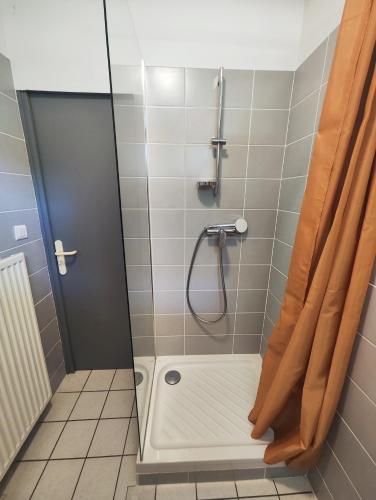 a shower with a shower curtain in a bathroom at Aux Portes des Monts d'Aubrac in Espalion