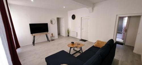 a living room with a couch and a tv at Le Central in Villeneuve-sur-Yonne