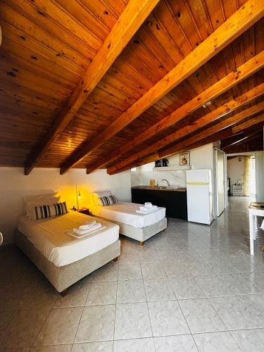 two beds in a large room with wooden ceilings at Paradises's Nest in Agios Georgios