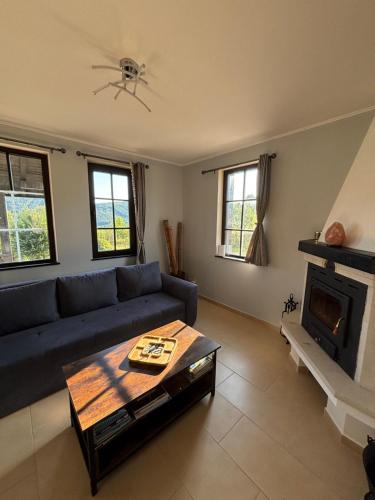 a living room with a blue couch and a fireplace at Pointview House Gesha in Dryanovo