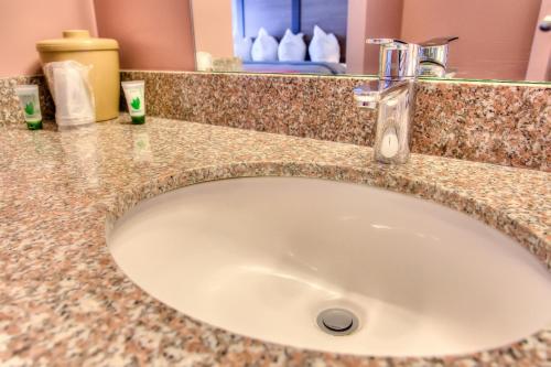 a bathroom sink with a granite counter top at The Beaucatcher, a Boutique Motel in Asheville