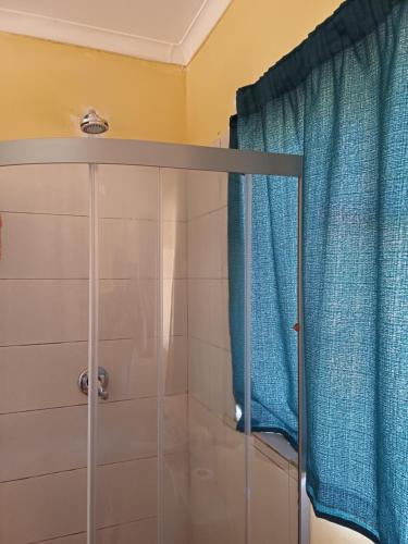 a shower with a blue shower curtain in a bathroom at 19 on Smit in Piet Retief