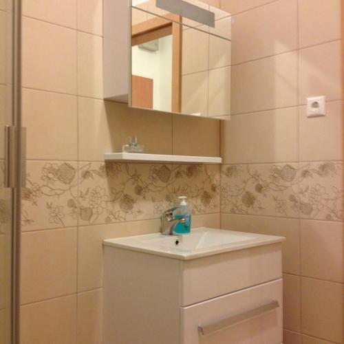 a bathroom with a sink and a mirror at Galerius Golden Beach Apartment in Siófok