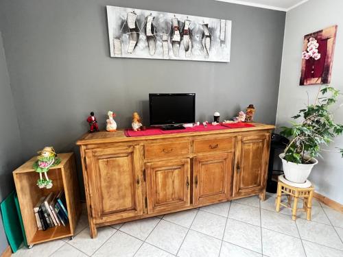 een televisie op een houten kast in een kamer bij Maison au bord de l'eau avec Jacuzzi in Millau