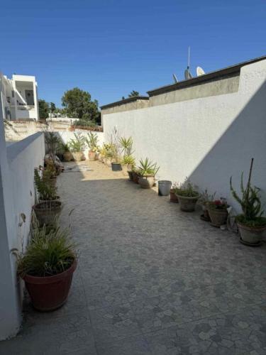 a courtyard with potted plants on the side of a building at Sunny Villa Apartment, 10min Walk to La Marsa Beach in Dar Tahar Zaouch