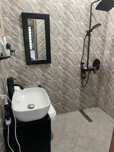 a bathroom with a sink and a mirror and a toilet at Da Palm Inn Abrui in Aburi