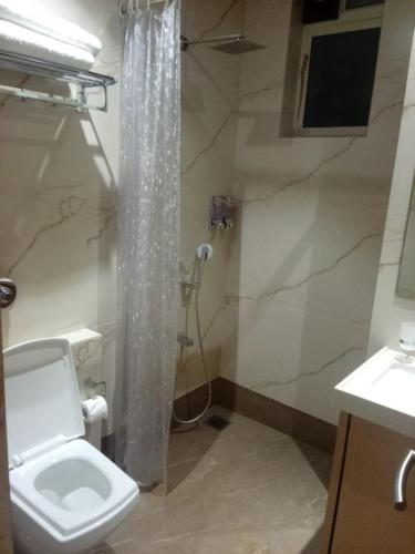 a bathroom with a white toilet and a shower at The Hub Link in Mumbai