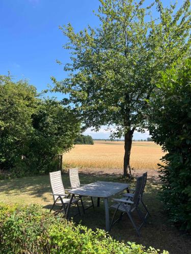a picnic table and two chairs under a tree at Charming House With Beautiful Views in Gedser