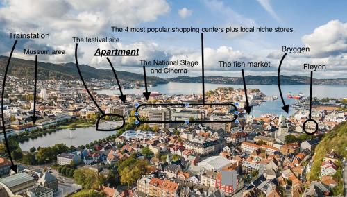 an aerial view of a city with buildings at Romslig leilighet midt i Bergen sentrum - komfort med kvalitetsenger og dyner in Bergen