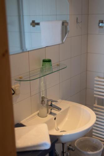 a bathroom sink with a glass shelf above it at Gasthof Waldschenke in Bad Leonfelden