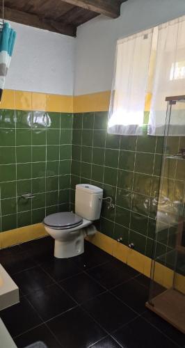 a bathroom with a toilet and a green tiled wall at Casa Rural Ribota! in Ribota