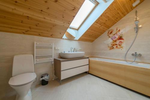 a bathroom with a toilet and a sink and a tub at Rakaru brīvdienu māja in Salacgrīva