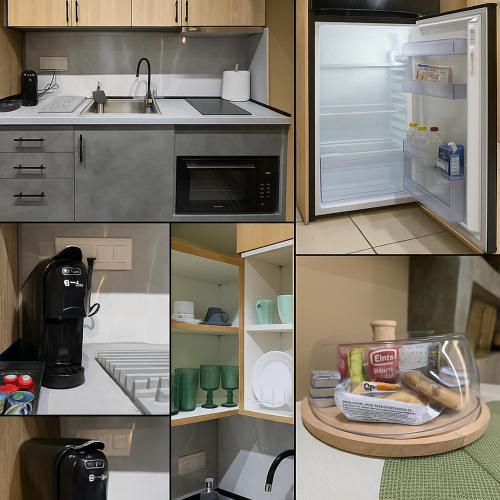 a collage of photos of a kitchen with an open refrigerator at GpxClr-Come Undone Suite in Larisa