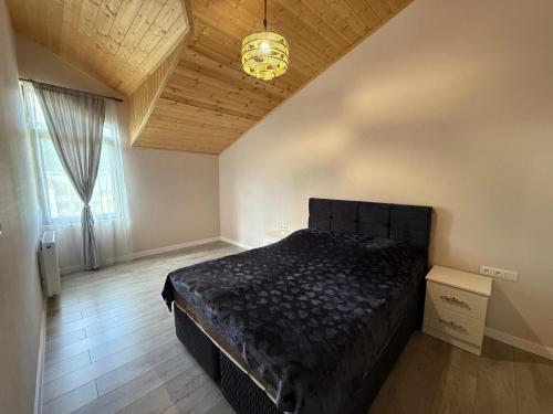 una camera da letto con un letto e un lampadario di Bakuriani Green Valley Apartment B 47 a Bakuriani