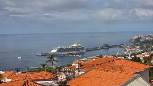 a cruise ship is docked in a harbor at Santa Maria Villa in Funchal
