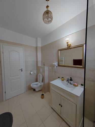 a bathroom with a toilet and a sink and a mirror at DML Apartment in Mamaia Sat/Năvodari