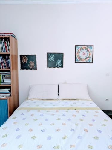 a bedroom with a bed and a book shelf at Studio with cute garden space in Nydri