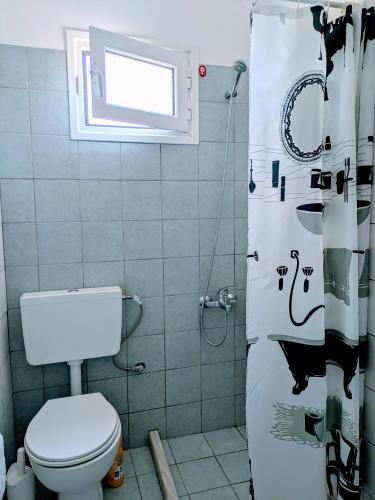 a bathroom with a toilet and a shower curtain at Studio with cute garden space in Nydri
