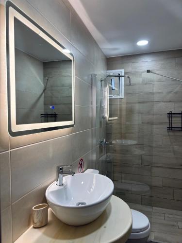 a bathroom with a sink and a shower and a toilet at Blue Horizon in Achlia