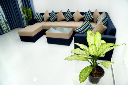 a living room with a couch and a potted plant at Sandakini Home Rest in Ahangama