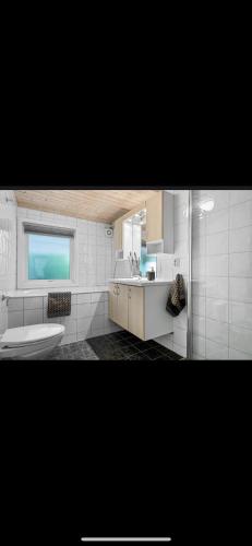 a bathroom with a sink and a toilet and a window at Hytte nært lutsivannet in Sandnes