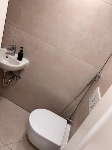 a bathroom with a white toilet and a sink at Traumhaft modernes Zimmer mit 2 Einzelbetten Gemeinschaftsbad- WC in Aldingen