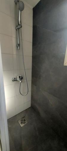 a shower stall with a shower head in a bathroom at Magic Sea Apartments in Larnaka