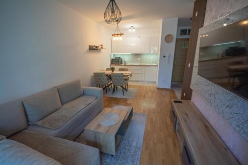 a living room with a couch and a table at Panorama Tornik Zlatibor P4 apartman in Zlatibor