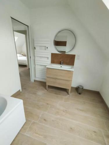 a bathroom with a sink and a mirror at La Grange - Maison et Parking - Portes de Chartres in Jouy