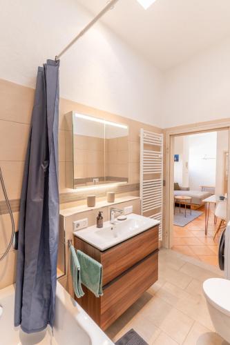a bathroom with a sink and a mirror at Copper House Altstadt Konstanz in Konstanz
