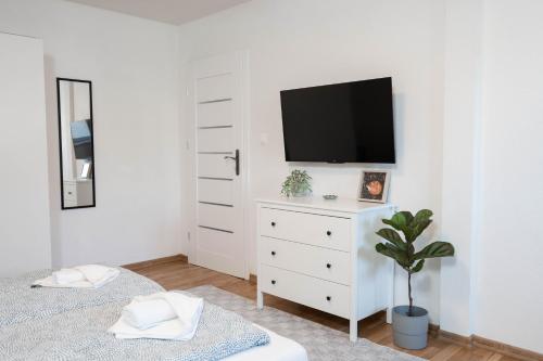 a white bedroom with a television on a white dresser at Vyskoč na hory in Nová Lesná