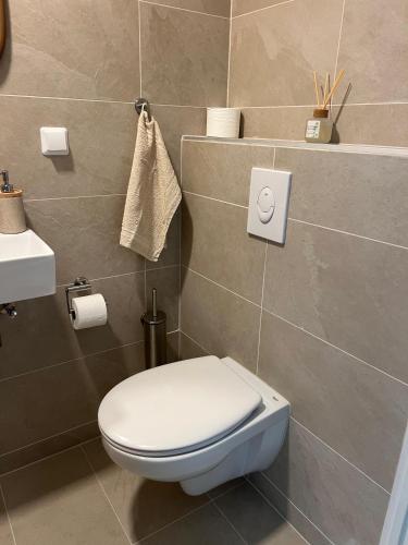a bathroom with a toilet and a sink at B&B De Dreef in Middelburg