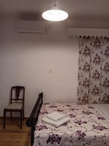 a bedroom with a bed and a chair and a lamp at Pansofia in Gera