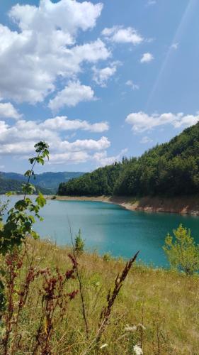 a view of a body of water from a field at Brvnara Iva in Jezdići