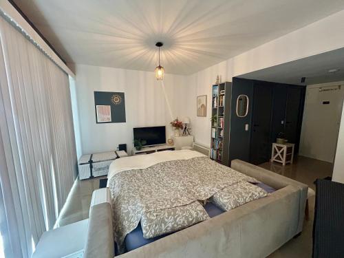 a bedroom with a large bed and a couch at Studio Zilte Rust - Zeedijk Middelkerke in Mellet