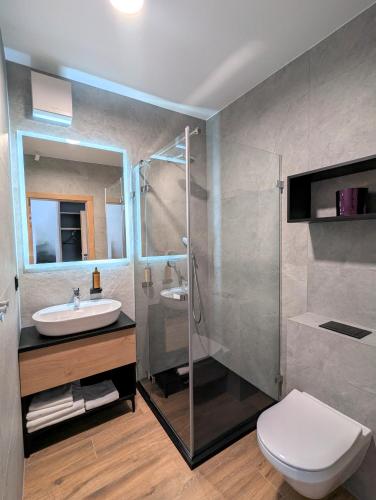 a bathroom with a shower and a toilet and a sink at BULVAR boutique in Dziwnów