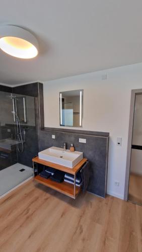 a large bathroom with a sink and a mirror at Ferienwohnung in Wilnsdorf OT Wilden neu erstellt & hochwertig in Wilnsdorf