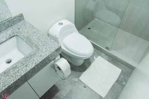 a bathroom with a toilet and a sink and a shower at Delightful 2BR Amazing View in Barranco in Lima