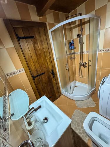 a bathroom with a sink and a shower at The Fairy Valley Villa Boutique in Pluzine