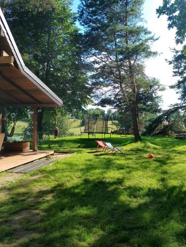 a yard with a picnic table and a playground at Warmia Forest House - Pod koronami drzew in Jedzbark