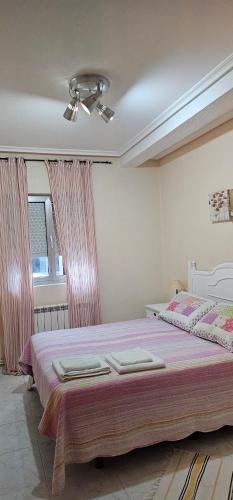 a bedroom with a large bed with pink curtains at LIENCRES, céntrico, PLANTA BAJA in Liencres