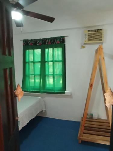 a room with a green window and a ladder at Hibiscus Garden in Santa Catalina