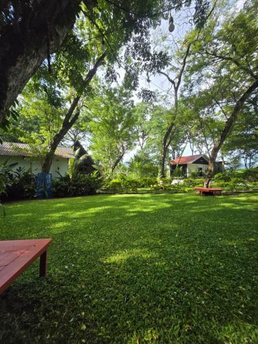a park with a bench and trees and grass at Cabaña Alpina Monte Carlo in Copan Ruinas